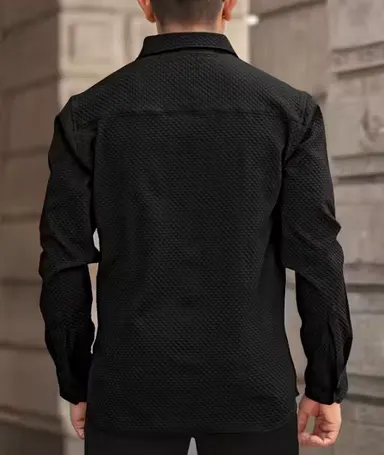 Men’s Knitted Fabric Structured Regular Fit Full Sleeves Shirt for Men & Boys – Textured Casual Formal Wear Collared Button Down Winter Office Party Premium Stylish Stretch Shirt Black S thumbnail 1
