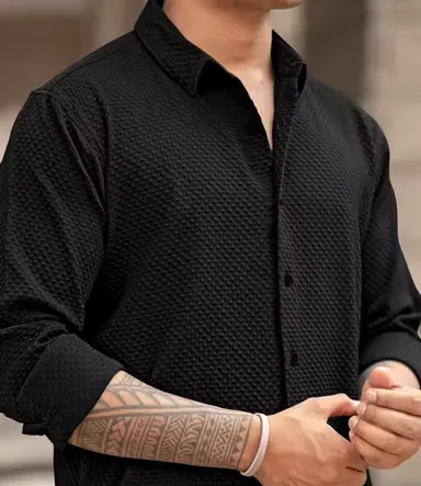 Men’s Knitted Fabric Structured Regular Fit Full Sleeves Shirt for Men & Boys – Textured Casual Formal Wear Collared Button Down Winter Office Party Premium Stylish Stretch Shirt Black S thumbnail 2