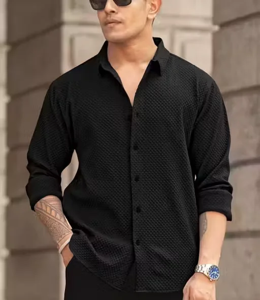Men’s Knitted Fabric Structured Regular Fit Full Sleeves Shirt for Men & Boys – Textured Casual Formal Wear Collared Button Down Winter Office Party Premium Stylish Stretch Shirt Black M image 1