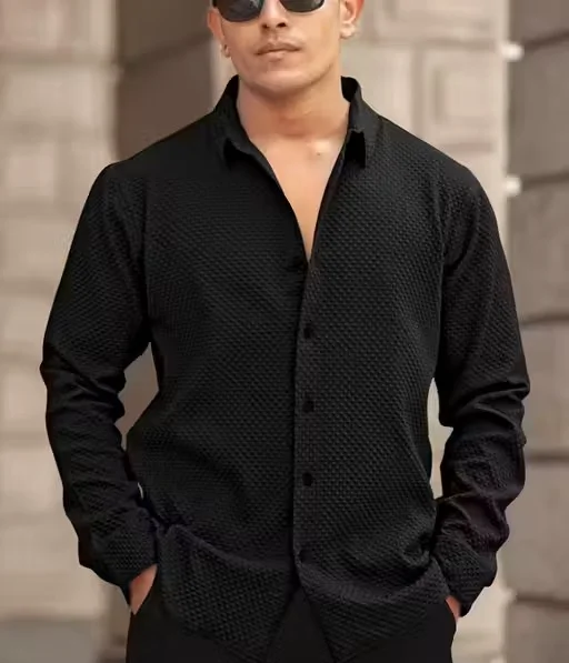 Men’s Knitted Fabric Structured Regular Fit Full Sleeves Shirt for Men & Boys – Textured Casual Formal Wear Collared Button Down Winter Office Party Premium Stylish Stretch Shirt Black L image 4
