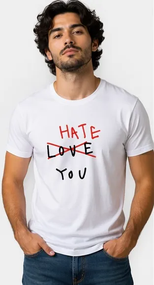 Men White Round Neck Cotton Graphic Print T-Shirt with Hate Love You Text Design HLY-WHT-GRAPHIC-TS L thumbnail 0