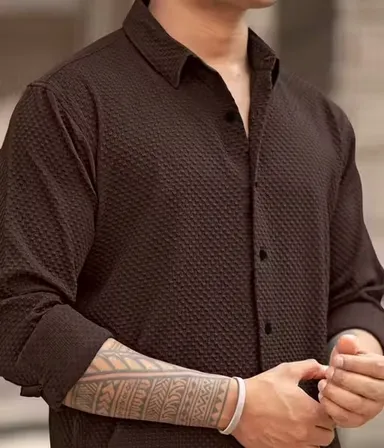 Men’s Knitted Fabric Structured Regular Fit Full Sleeves Shirt for Men & Boys – Textured Casual Formal Wear Collared Button Down Winter Office Party Premium Stylish Stretch Shirt Brown S thumbnail 1