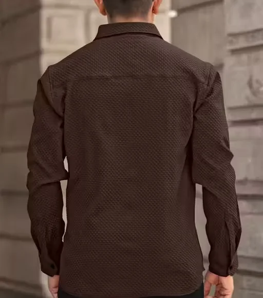 Men’s Knitted Fabric Structured Regular Fit Full Sleeves Shirt for Men & Boys – Textured Casual Formal Wear Collared Button Down Winter Office Party Premium Stylish Stretch Shirt Brown S image 4