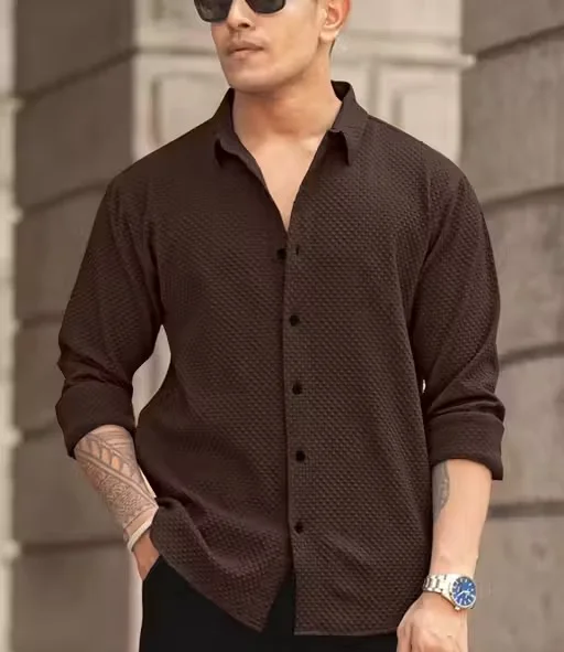 Men’s Knitted Fabric Structured Regular Fit Full Sleeves Shirt for Men & Boys – Textured Casual Formal Wear Collared Button Down Winter Office Party Premium Stylish Stretch Shirt Brown S image 1
