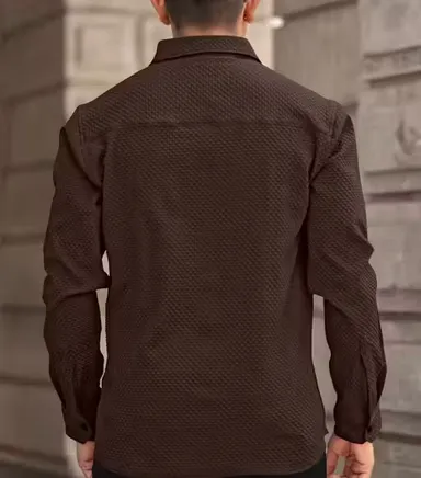 Men’s Knitted Fabric Structured Regular Fit Full Sleeves Shirt for Men & Boys – Textured Casual Formal Wear Collared Button Down Winter Office Party Premium Stylish Stretch Shirt Brown L thumbnail 3
