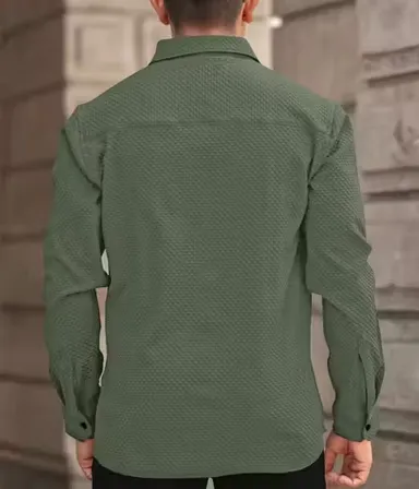 Men’s Knitted Fabric Structured Regular Fit Full Sleeves Shirt for Men & Boys – Textured Casual Formal Wear Collared Button Down Winter Office Party Premium Stylish Stretch Shirt Green S thumbnail 1