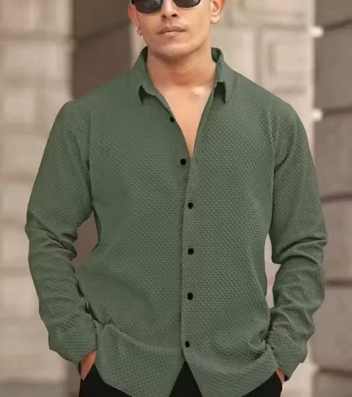 Men’s Knitted Fabric Structured Regular Fit Full Sleeves Shirt for Men & Boys – Textured Casual Formal Wear Collared Button Down Winter Office Party Premium Stylish Stretch Shirt Green S image 4