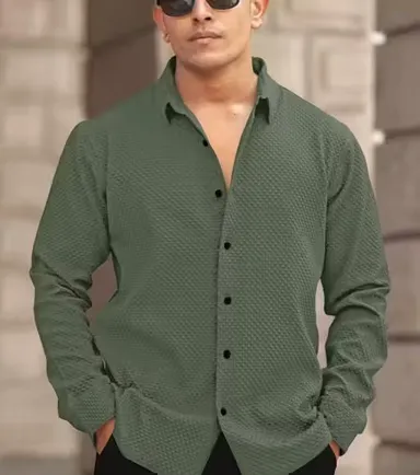 Men’s Knitted Fabric Structured Regular Fit Full Sleeves Shirt for Men & Boys – Textured Casual Formal Wear Collared Button Down Winter Office Party Premium Stylish Stretch Shirt Green S thumbnail 3
