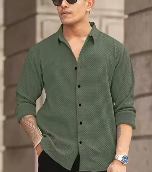 Men’s Knitted Fabric Structured Regular Fit Full Sleeves Shirt for Men & Boys – Textured Casual Formal Wear Collared Button Down Winter Office Party Premium Stylish Stretch Shirt Green S image 1