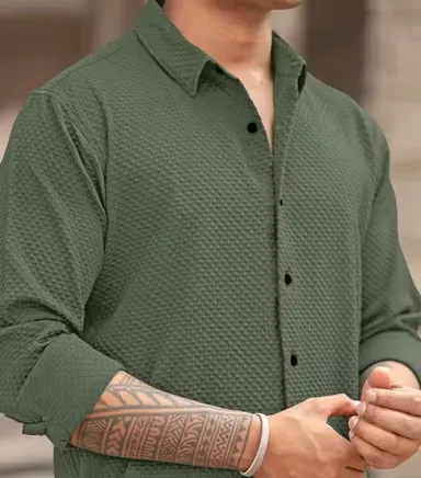 Men’s Knitted Fabric Structured Regular Fit Full Sleeves Shirt for Men & Boys – Textured Casual Formal Wear Collared Button Down Winter Office Party Premium Stylish Stretch Shirt Green M thumbnail 2