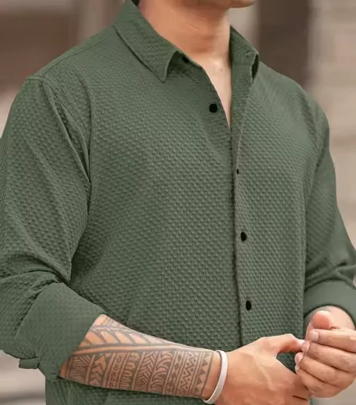 Men’s Knitted Fabric Structured Regular Fit Full Sleeves Shirt for Men & Boys – Textured Casual Formal Wear Collared Button Down Winter Office Party Premium Stylish Stretch Shirt Green L image 3