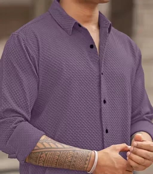 Men’s Knitted Fabric Structured Regular Fit Full Sleeves Shirt for Men & Boys – Textured Casual Formal Wear Collared Button Down Winter Office Party Premium Stylish Stretch Shirt Purple S image 3