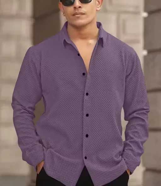 Men’s Knitted Fabric Structured Regular Fit Full Sleeves Shirt for Men & Boys – Textured Casual Formal Wear Collared Button Down Winter Office Party Premium Stylish Stretch Shirt Purple S image 4