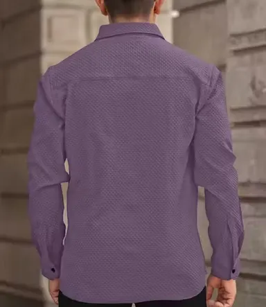 Men’s Knitted Fabric Structured Regular Fit Full Sleeves Shirt for Men & Boys – Textured Casual Formal Wear Collared Button Down Winter Office Party Premium Stylish Stretch Shirt Purple M thumbnail 1