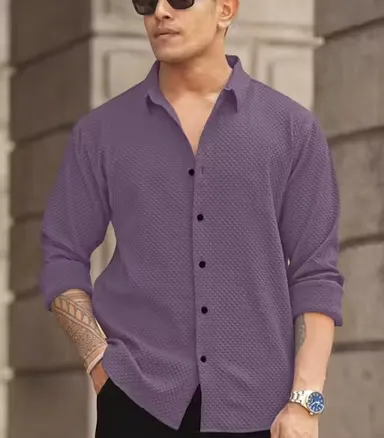 Men’s Knitted Fabric Structured Regular Fit Full Sleeves Shirt for Men & Boys – Textured Casual Formal Wear Collared Button Down Winter Office Party Premium Stylish Stretch Shirt Purple M thumbnail 0