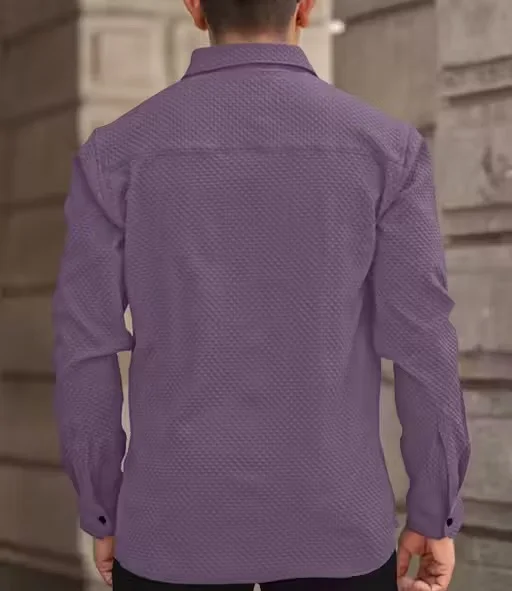 Men’s Knitted Fabric Structured Regular Fit Full Sleeves Shirt for Men & Boys – Textured Casual Formal Wear Collared Button Down Winter Office Party Premium Stylish Stretch Shirt Purple L image 2