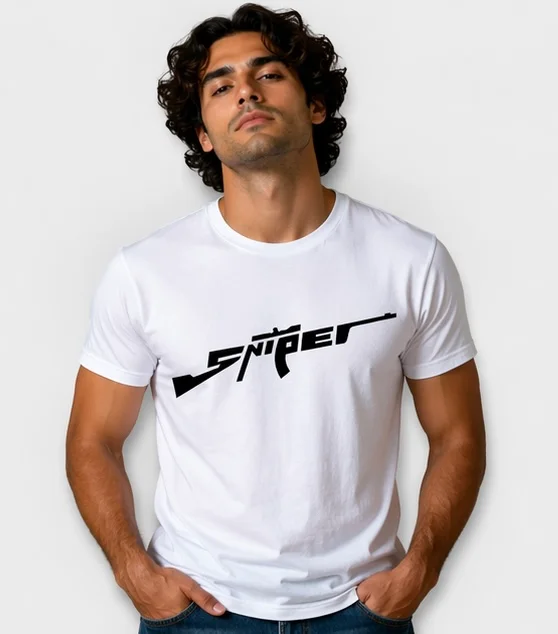 Men White Cotton Round Neck Sniper Graphic Printed Regular Fit T-Shirt Men White Sniper Graphic Printed Regular S image 5