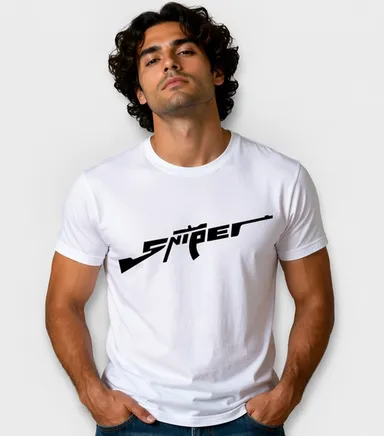 Men White Cotton Round Neck Sniper Graphic Printed Regular Fit T-Shirt Men White Sniper Graphic Printed Regular S thumbnail 4
