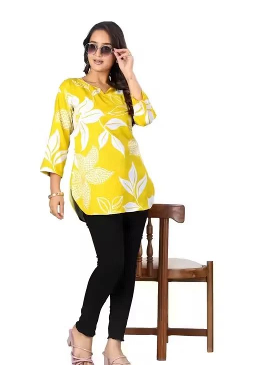 Banita Petite Women’s Printed Rayon Kurti for Girls & Ladies Ethnic Casual Wear Straight Fit Stylish Daily Wear Office Wear Festive Kurta Tunic Top Yellow XS image 2