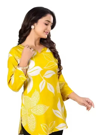 Banita Petite Women’s Printed Rayon Kurti for Girls & Ladies Ethnic Casual Wear Straight Fit Stylish Daily Wear Office Wear Festive Kurta Tunic Top Yellow L thumbnail 3