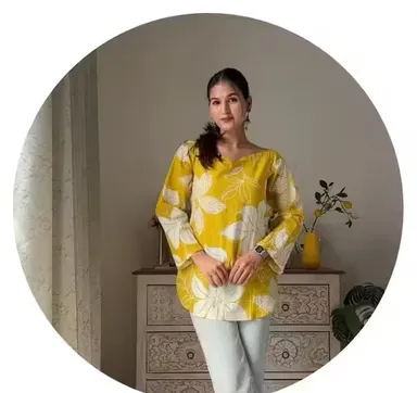 Banita Petite Women’s Printed Rayon Kurti for Girls & Ladies Ethnic Casual Wear Straight Fit Stylish Daily Wear Office Wear Festive Kurta Tunic Top Yellow XL thumbnail 0