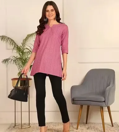 Banita Petite Women’s Printed Rayon Kurti for Girls & Ladies Ethnic Casual Wear Straight Fit Stylish Daily Wear Office Wear Festive Kurta Tunic Top Pink XXL thumbnail 1