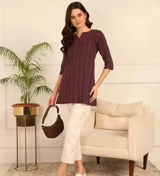 Banita Petite Women’s Printed Rayon Kurti for Girls & Ladies Ethnic Casual Wear Straight Fit Stylish Daily Wear Office Wear Festive Kurta Tunic Top Maroon S image 2