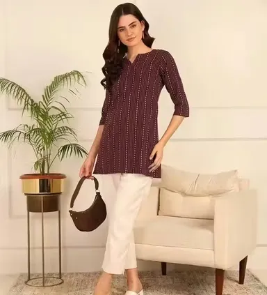 Banita Petite Women’s Printed Rayon Kurti for Girls & Ladies Ethnic Casual Wear Straight Fit Stylish Daily Wear Office Wear Festive Kurta Tunic Top Maroon L thumbnail 1