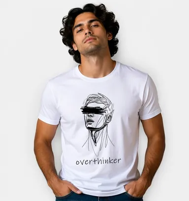 Men White Overthinker Graphic Printed Round Neck Cotton T-Shirt graphic t-shirt L thumbnail 0