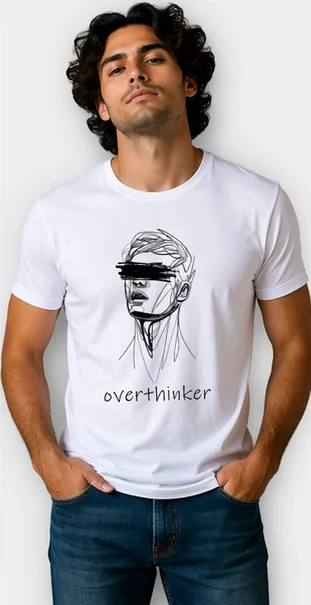 Men White Overthinker Graphic Printed Round Neck Cotton T-Shirt graphic t-shirt L image 2