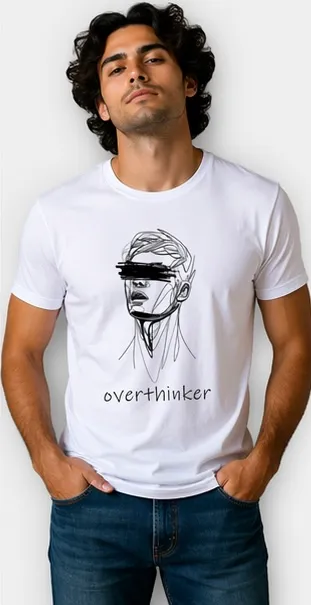 Men White Overthinker Graphic Printed Round Neck Cotton T-Shirt graphic t-shirt L thumbnail 1