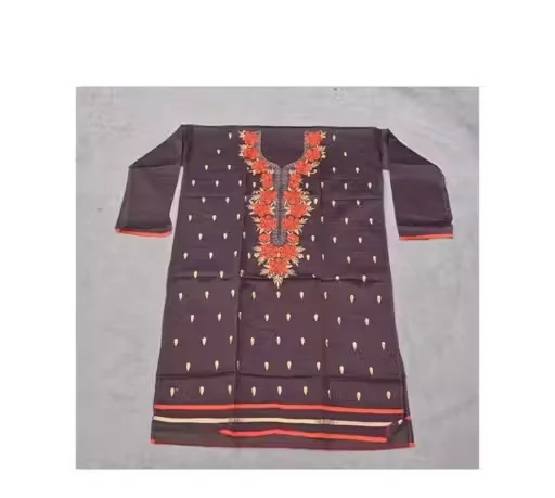 Brown Chanderi Cotton Orange & Gold Floral Embroidered Unstitched Kurti Fabric for Women with Premium Ethnic Resham Work Designer Dress Material for Festive Casual Office Party Wear image 1