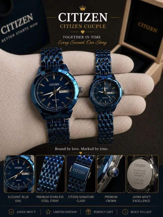 Citizen Classic Couple Eco-Drive Stainless Steel Analog Watch Set for Men & Women with Sapphire Crystal Premium Matching Pair Watches image 1