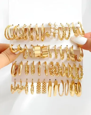 Korean Style Gold Hoop Earrings Set for Women & Girls | Chunky Twisted Heart Pearl Huggie Hoop Earrings | Trendy Gold Plated Fashion Jewellery Collection Combo Pack thumbnail 1