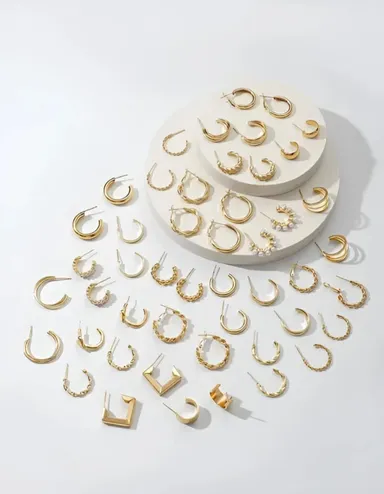 Korean Style Gold Hoop Earrings Set for Women & Girls | Chunky Twisted Heart Pearl Huggie Hoop Earrings | Trendy Gold Plated Fashion Jewellery Collection Combo Pack thumbnail 3