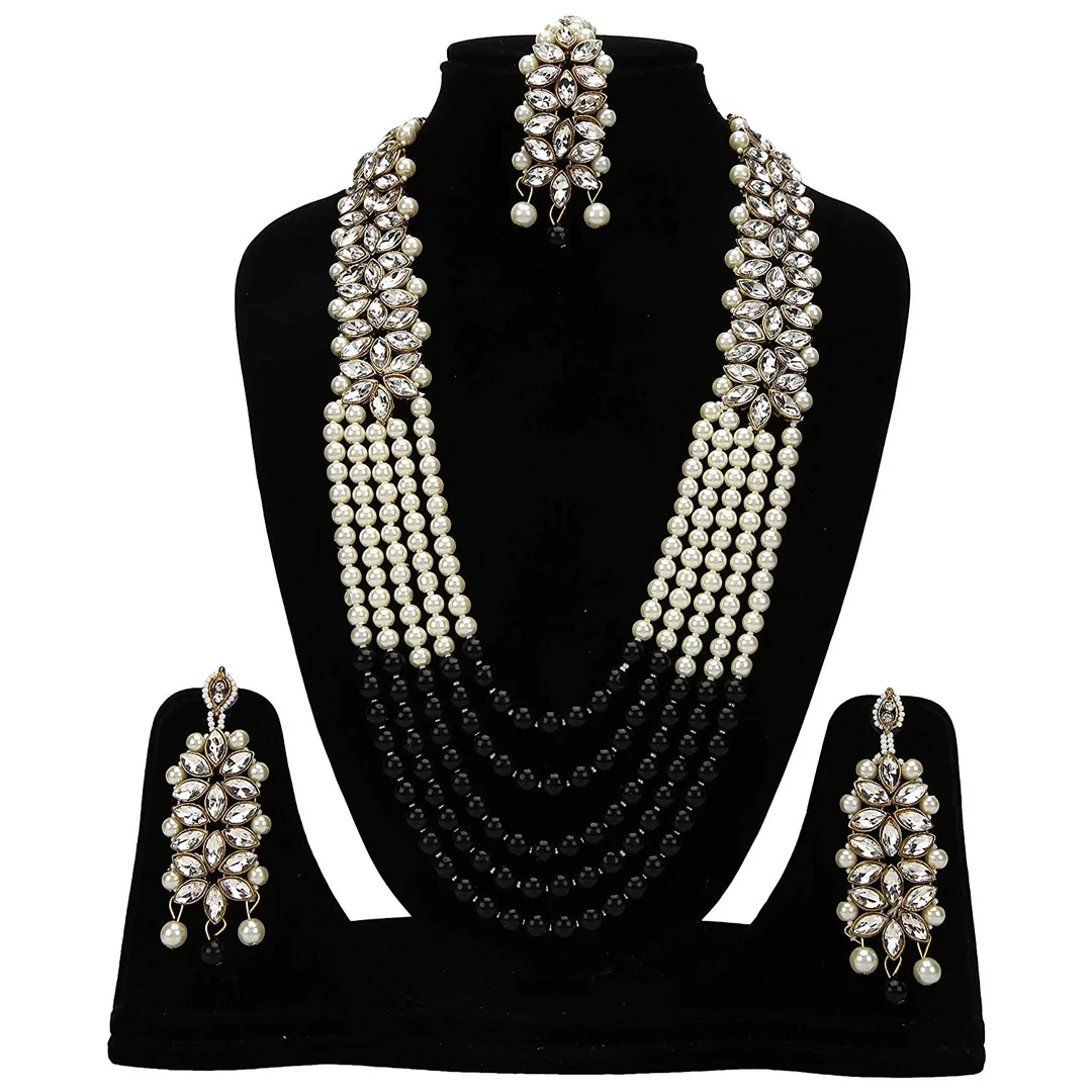 White Pearl Stylish Party Wear Necklace Set with Earrings and Maang Tikka image 1