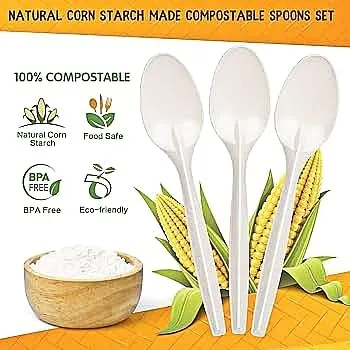 Compostable Cornstarch Premium Spoon 6 Inch (Pack of 100) | Eco-Friendly Biodegradable Plastic-Free Disposable Spoons for Home & Catering Use thumbnail 1
