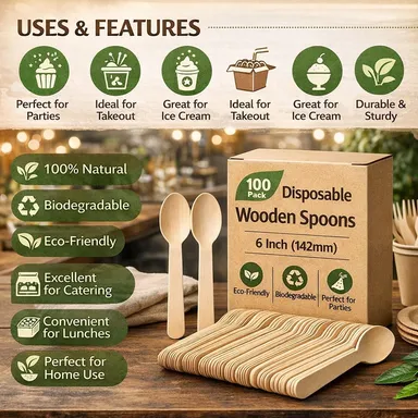 Spoons 6 Inch (142mm) | Pack of 100 | Eco-Friendly Biodegradable Cutlery for Party, Catering & Daily Use thumbnail 2