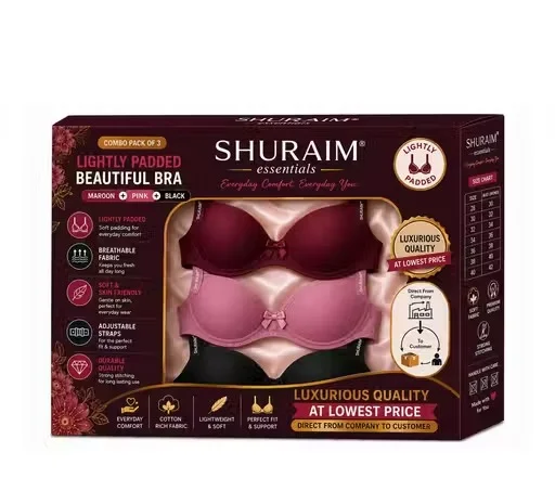 Shuraim Essentials Lightly Padded Wire Free Women Bra Combo Pack of 3 (Pink, Maroon, Black) Women Lightly Padded Wire Free Bra 34A image 3