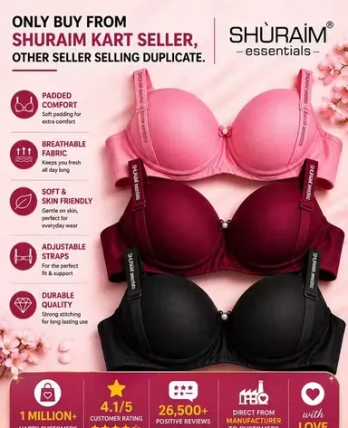 Shuraim Essentials Lightly Padded Wire Free Women Bra Combo Pack of 3 (Pink, Maroon, Black) Women Lightly Padded Wire Free Bra 34B thumbnail 0