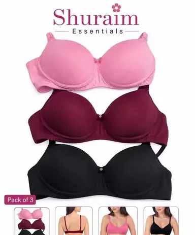 Shuraim Essentials Lightly Padded Wire Free Women Bra Combo Pack of 3 (Pink, Maroon, Black) Women Lightly Padded Wire Free Bra 36B thumbnail 1