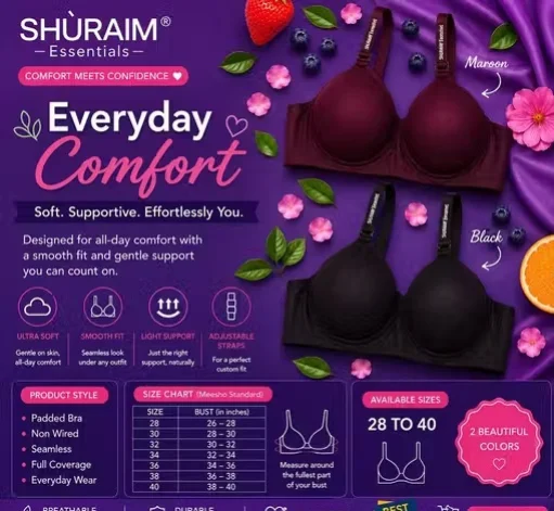 Women's Padded Seamless Non-Wired T-Shirt Bra Combo Pack of 2 (Maroon & Black) Maroon & Black Combo 38B image 2