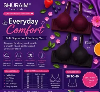 Women's Padded Seamless Non-Wired T-Shirt Bra Combo Pack of 2 (Maroon & Black) Maroon & Black Combo 38B thumbnail 1