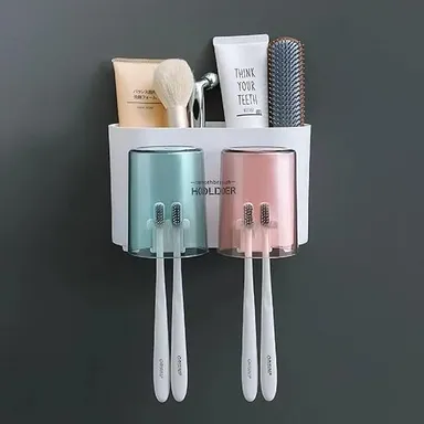 Kozykit Trends Wall Mounted Tooth Brush Holder for Bathroom with 3 Mouthwash Cups, Dustproof Multi-Compartment Toothbrush Organizer, Self-Adhesive Bathroom Storage Rack for Toothbrush, Toothpaste, Razor & Daily Essentials thumbnail 3