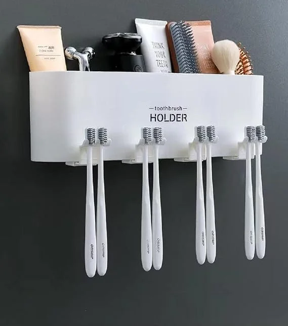 Kozykit Trends Wall Mounted Toothbrush Holder for Bathroom with 4 Mouthwash Cups | BPA-Free Dustproof Bathroom Organizer Rack | Multi-Compartment Toothpaste & Brush Storage Stand | No-Drill Family Bathroom Accessories Holder for Home image 3