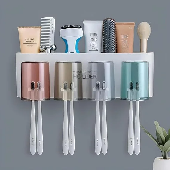 Kozykit Trends Wall Mounted Toothbrush Holder for Bathroom with 4 Mouthwash Cups | BPA-Free Dustproof Bathroom Organizer Rack | Multi-Compartment Toothpaste & Brush Storage Stand | No-Drill Family Bathroom Accessories Holder for Home image 2