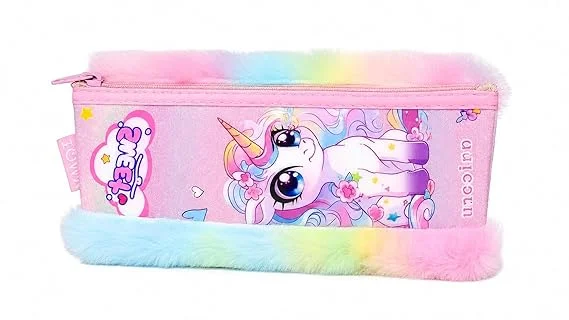Unicorn Soft Fur Cotton Pencil Pouch for Girls Pink Multipurpose Zipper Pencil Case Cute Stationery Storage Bag Travel Makeup Organizer School Supplies Gift Pouch for Kids Teen Girls Pack of 1 image 1