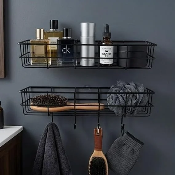 Self Adhesive Bathroom Shelf for Wall Pack of 2 Black Bathroom Organiser Without Drill Rust Resistant Wall Mounted Bathroom Rack for Shampoo Soap Toiletries Kitchen Storage Shelf Corner Bathroom Accessories Home Organisation image 3