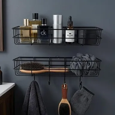 Self Adhesive Bathroom Shelf for Wall Pack of 2 Black Bathroom Organiser Without Drill Rust Resistant Wall Mounted Bathroom Rack for Shampoo Soap Toiletries Kitchen Storage Shelf Corner Bathroom Accessories Home Organisation thumbnail 2