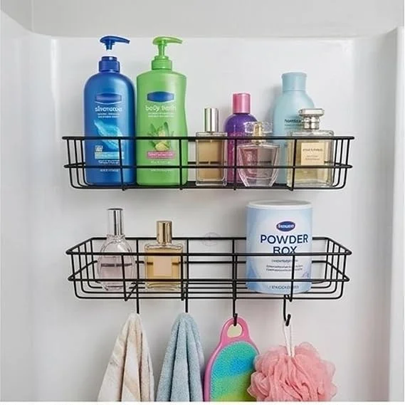 Self Adhesive Bathroom Shelf for Wall Pack of 2 Black Bathroom Organiser Without Drill Rust Resistant Wall Mounted Bathroom Rack for Shampoo Soap Toiletries Kitchen Storage Shelf Corner Bathroom Accessories Home Organisation image 5